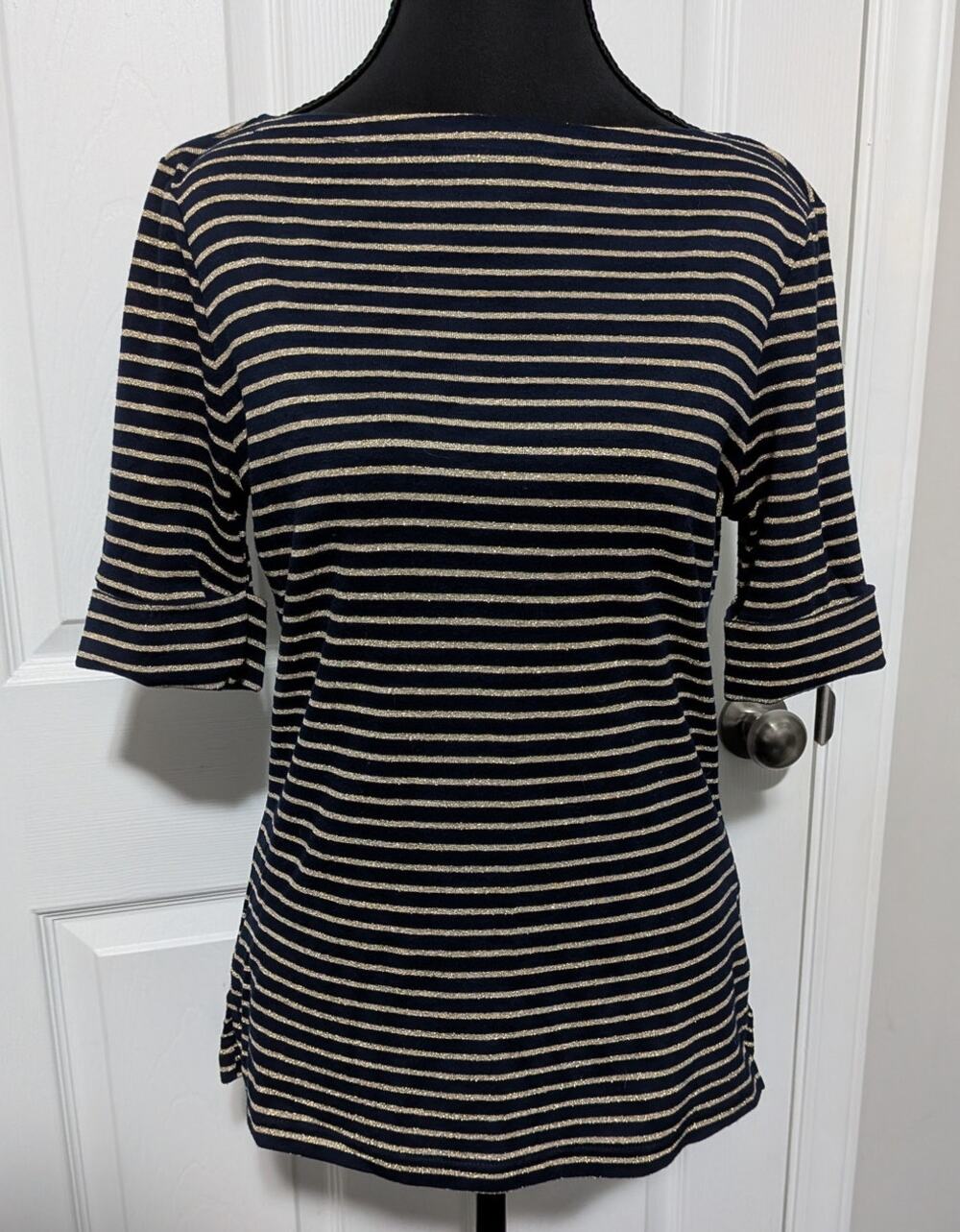 Lauren Ralph Lauren Metallic Gold Navy Blue Striped Boatneck Top Cuffed Sleeve M